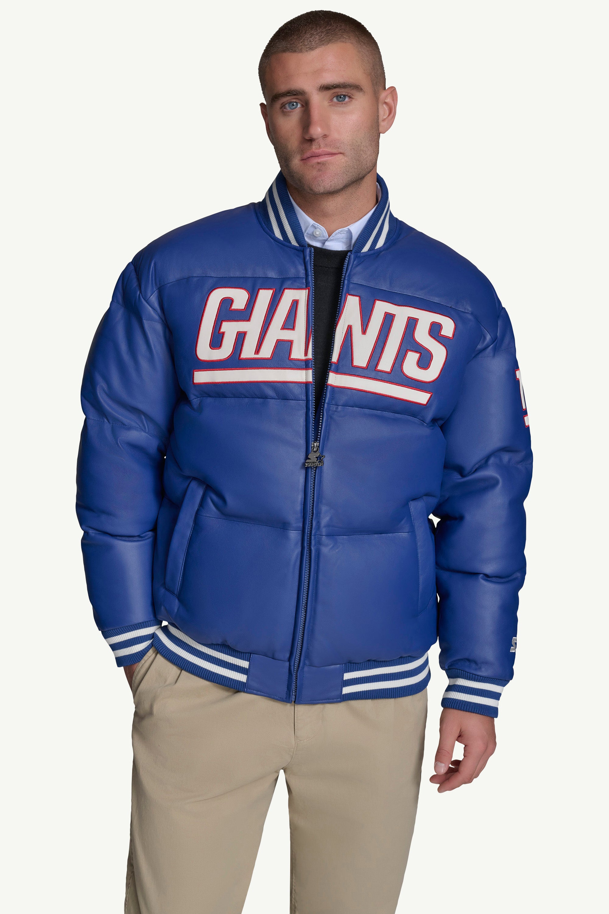 MENS NEW YORK GIANTS LEATHER PUFFER JACKET View 1 | NFL MENS NEW YORK GIANTS LEATHER PUFFER JACKET View 1 | NFL