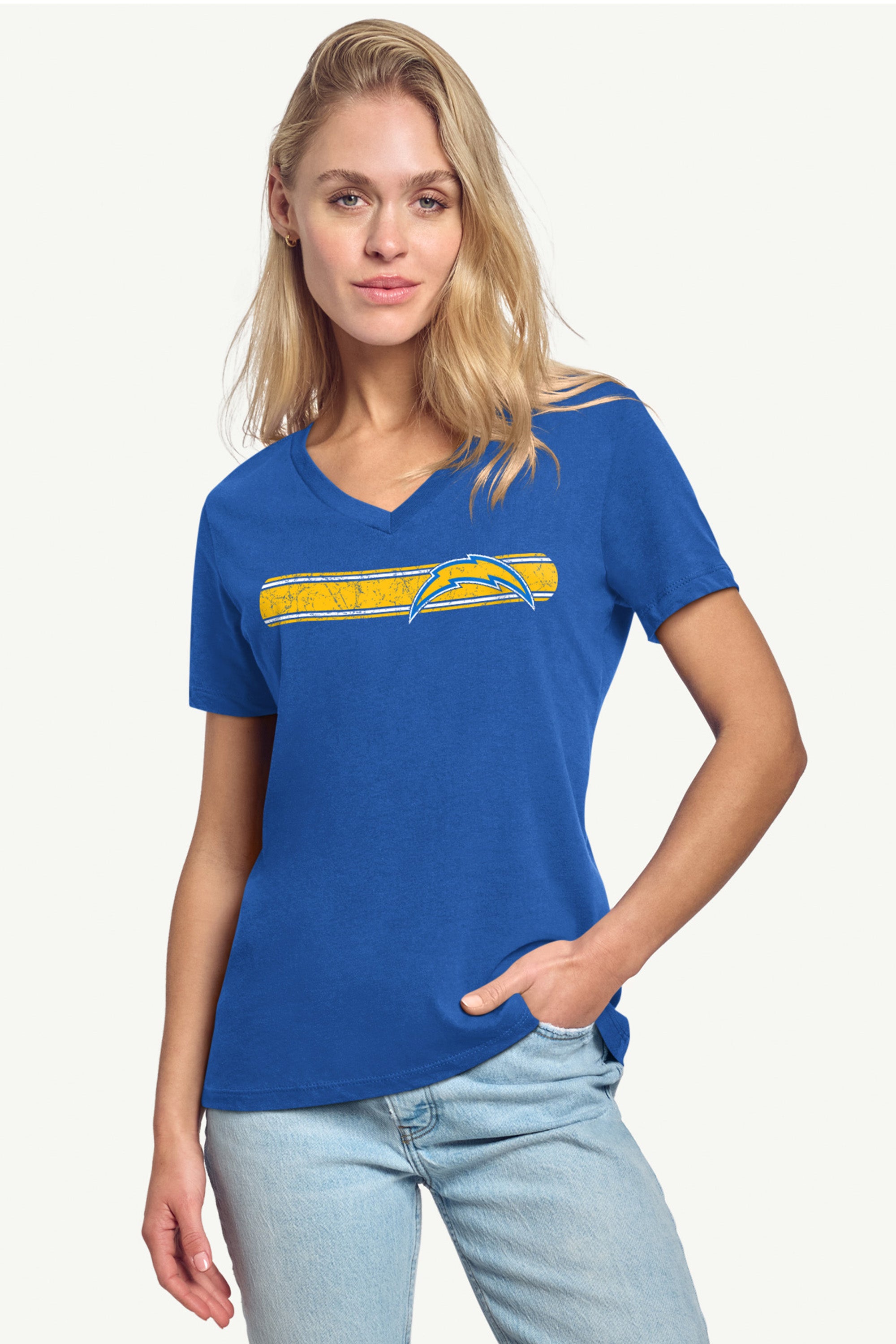 WOMENS LOS ANGELES CHARGERS STRIPE V-NECK T SHIRT View 2 | NFL WOMENS LOS ANGELES CHARGERS STRIPE V-NECK T SHIRT View 2 | NFL