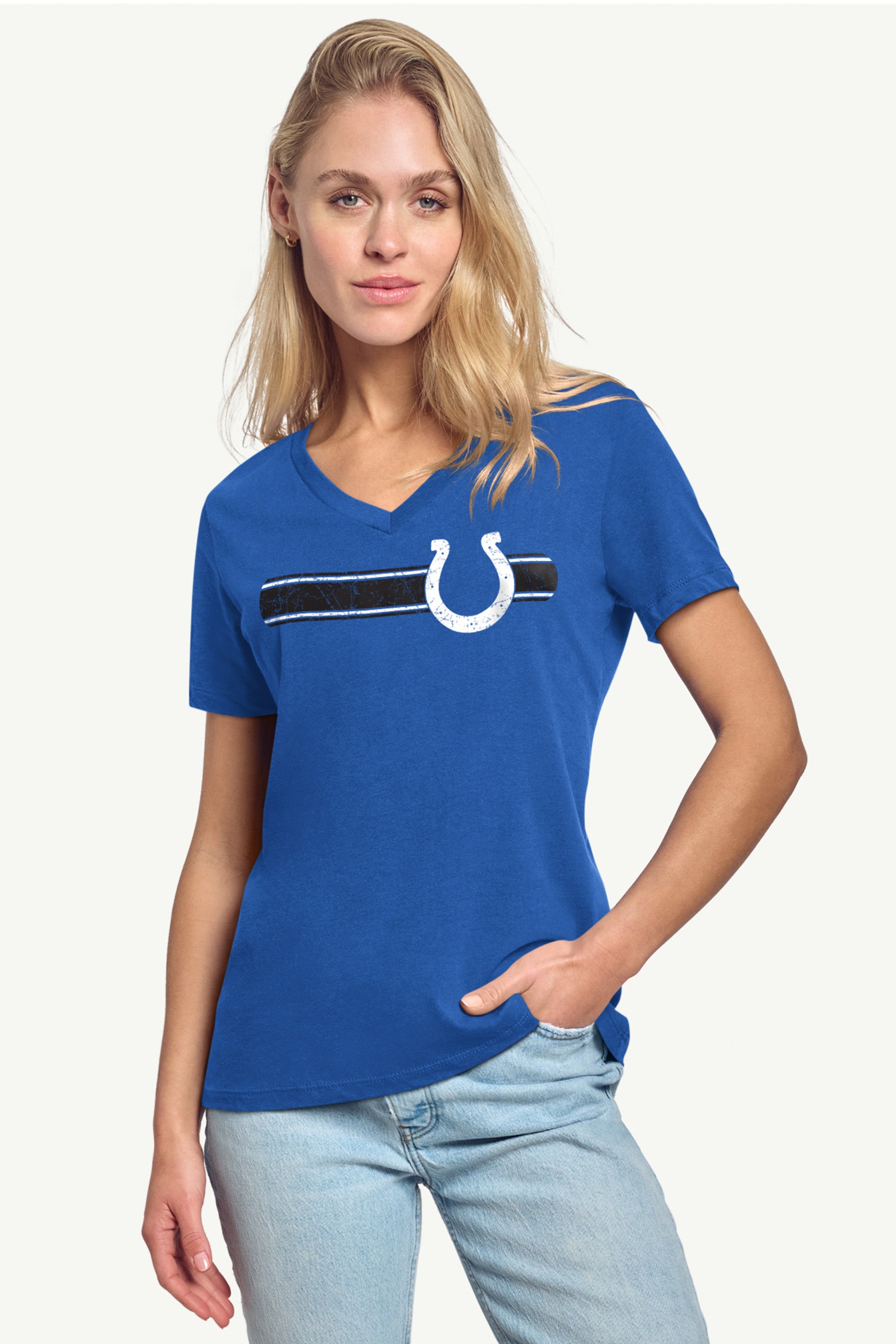 WOMENS INDIANAPOLIS COLTS STRIPE V-NECK T SHIRT View 2 | NFL WOMENS INDIANAPOLIS COLTS STRIPE V-NECK T SHIRT View 2 | NFL