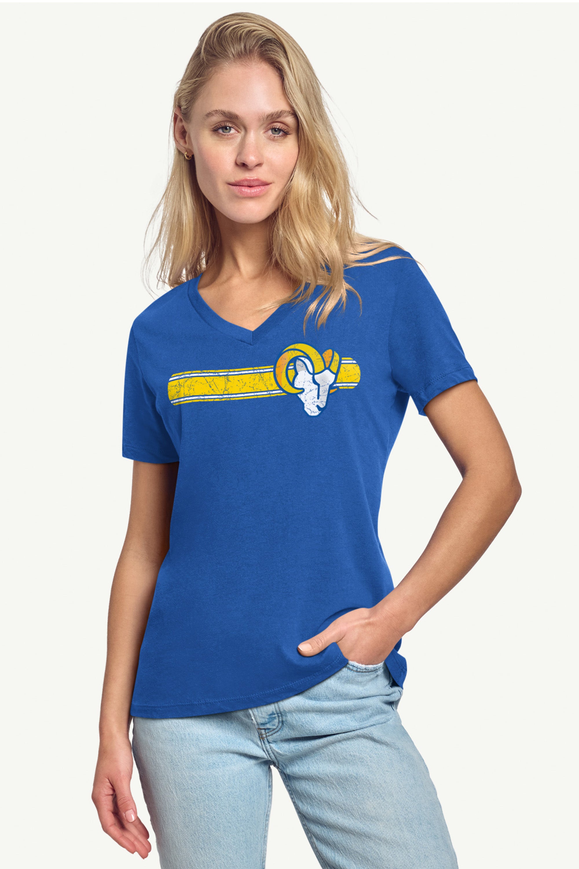 WOMENS LOS ANGELES RAMS STRIPE V-NECK T SHIRT View 2 | NFL WOMENS LOS ANGELES RAMS STRIPE V-NECK T SHIRT View 2 | NFL