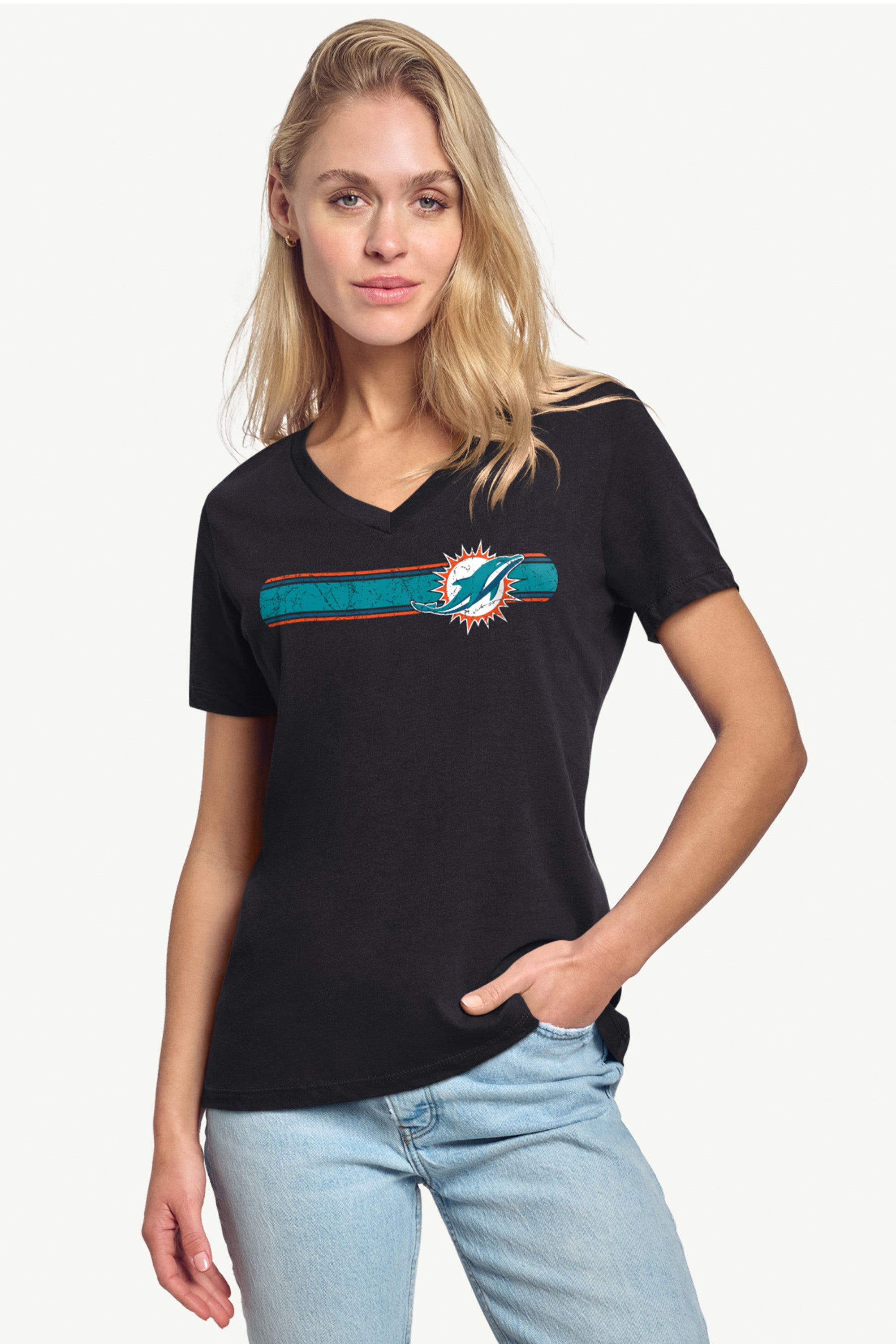WOMENS MIAMI DOLPHINS STRIPE V-NECK T SHIRT View 2 | NFL WOMENS MIAMI DOLPHINS STRIPE V-NECK T SHIRT View 2 | NFL
