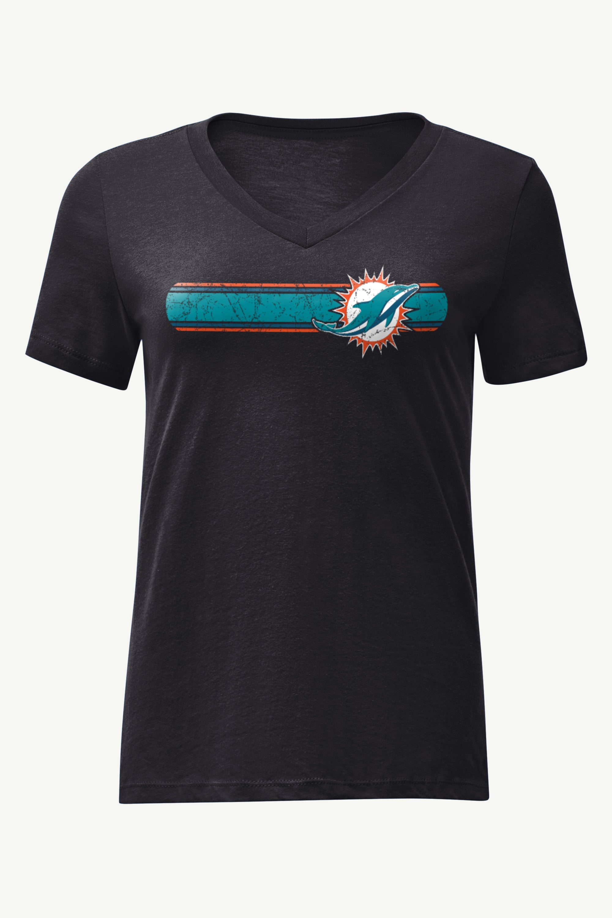 WOMENS MIAMI DOLPHINS STRIPE V-NECK T SHIRT View 1 | NFL WOMENS MIAMI DOLPHINS STRIPE V-NECK T SHIRT View 1 | NFL