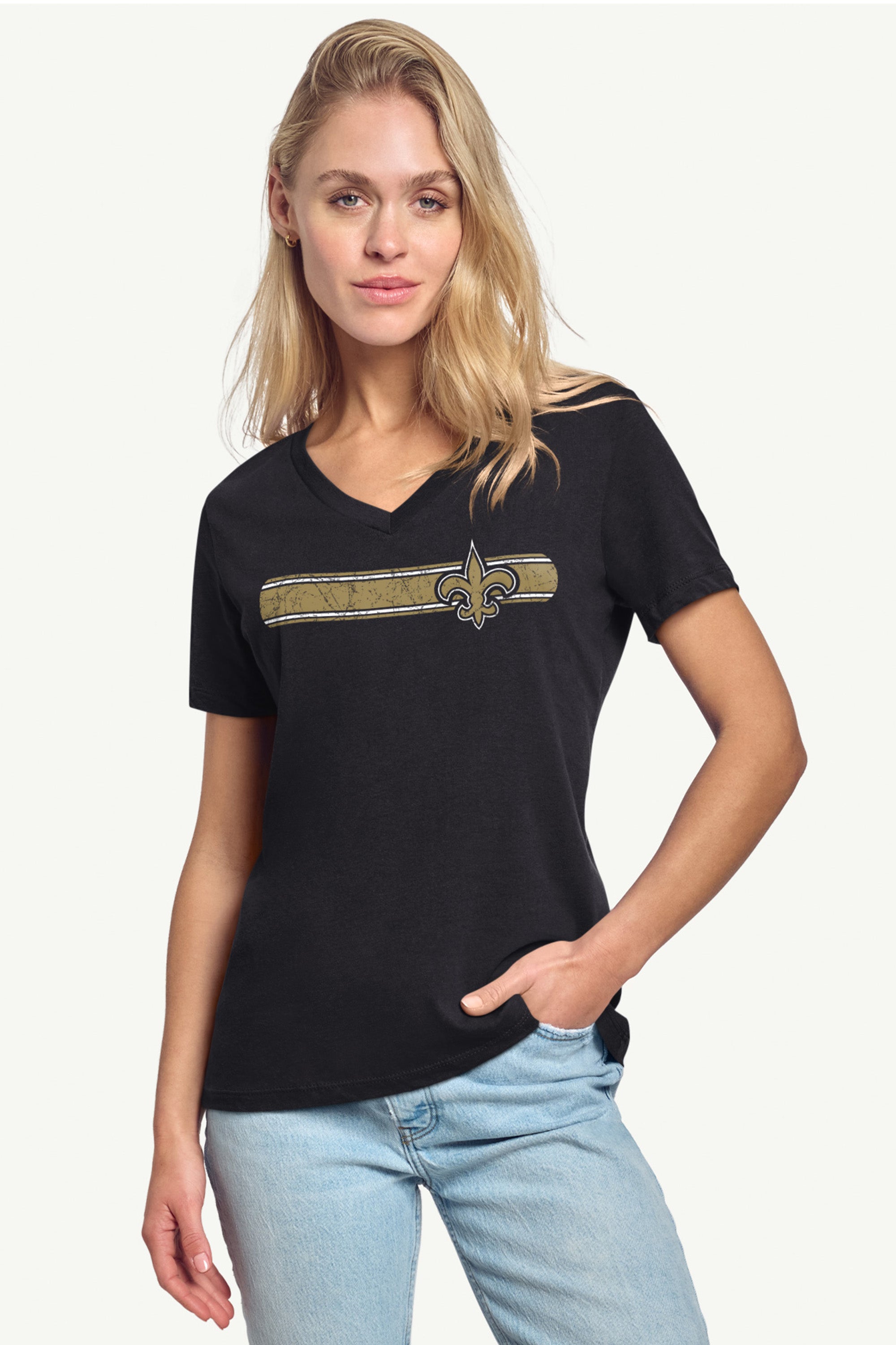 WOMENS NEW ORLEANS SAINTS STRIPE V-NECK T SHIRT View 2 | NFL WOMENS NEW ORLEANS SAINTS STRIPE V-NECK T SHIRT View 2 | NFL