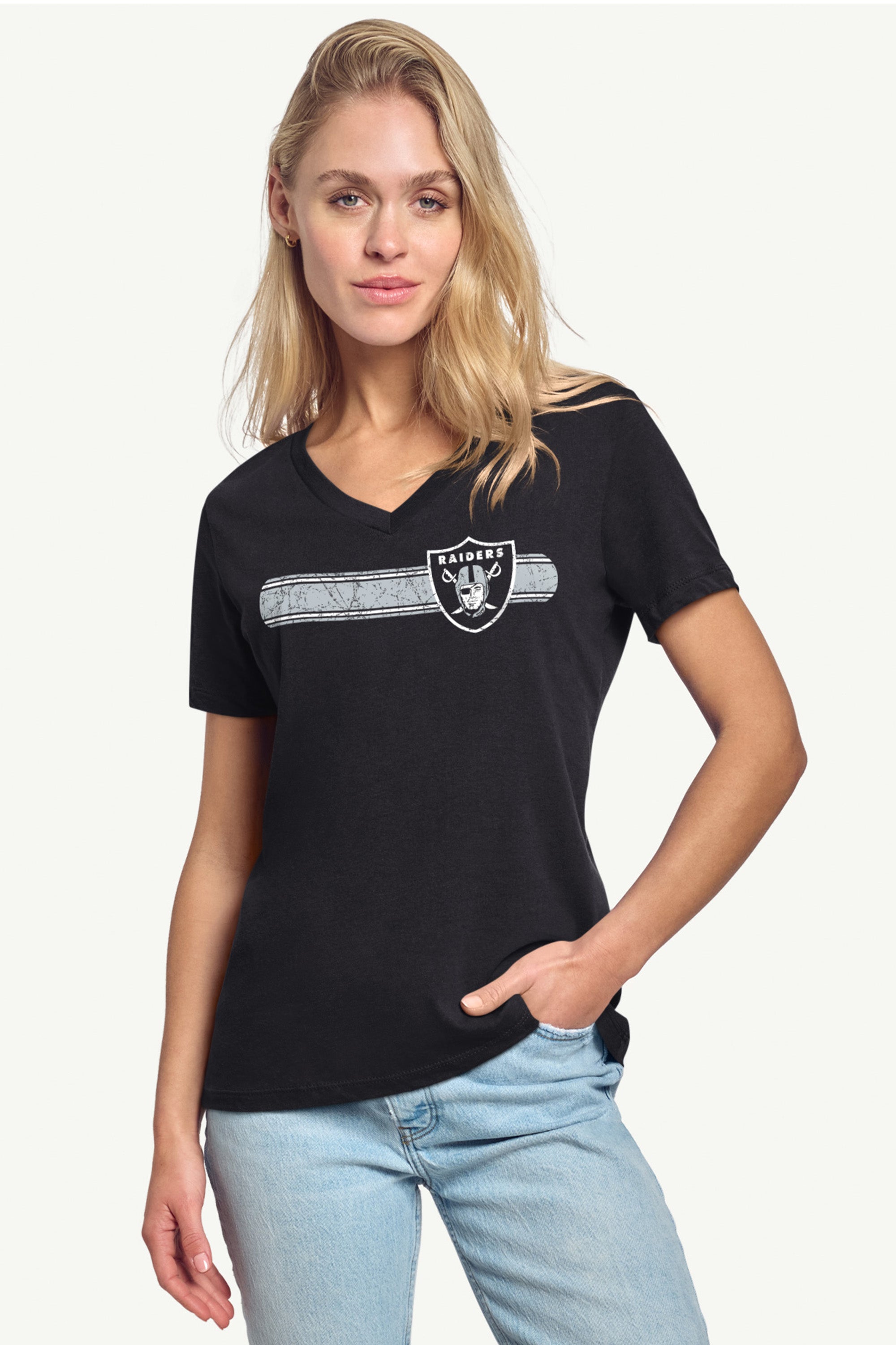 WOMENS LAS VEGAS RAIDERS STRIPE V-NECK T SHIRT View 2 | NFL WOMENS LAS VEGAS RAIDERS STRIPE V-NECK T SHIRT View 2 | NFL