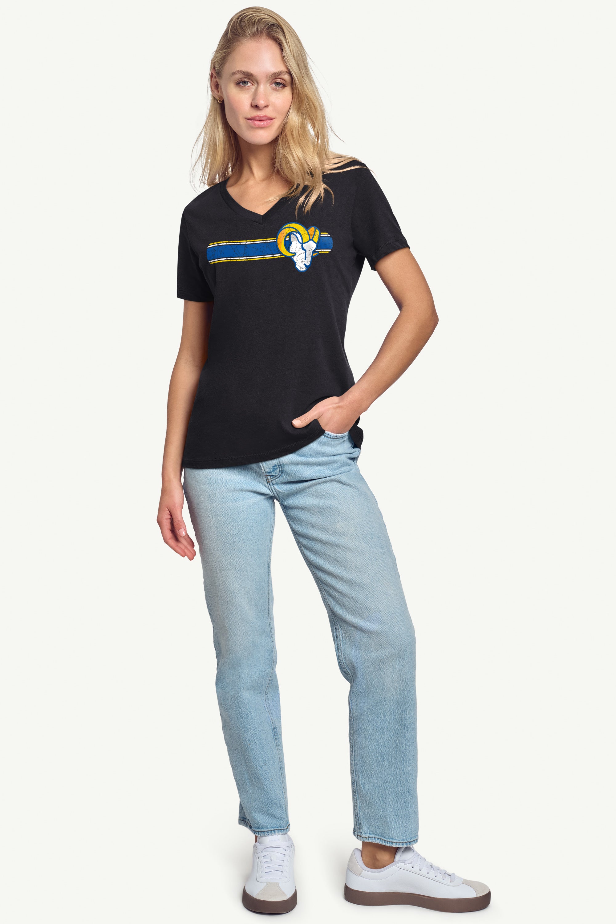WOMENS LOS ANGELES RAMS STRIPE V-NECK T SHIRT View 3 | NFL