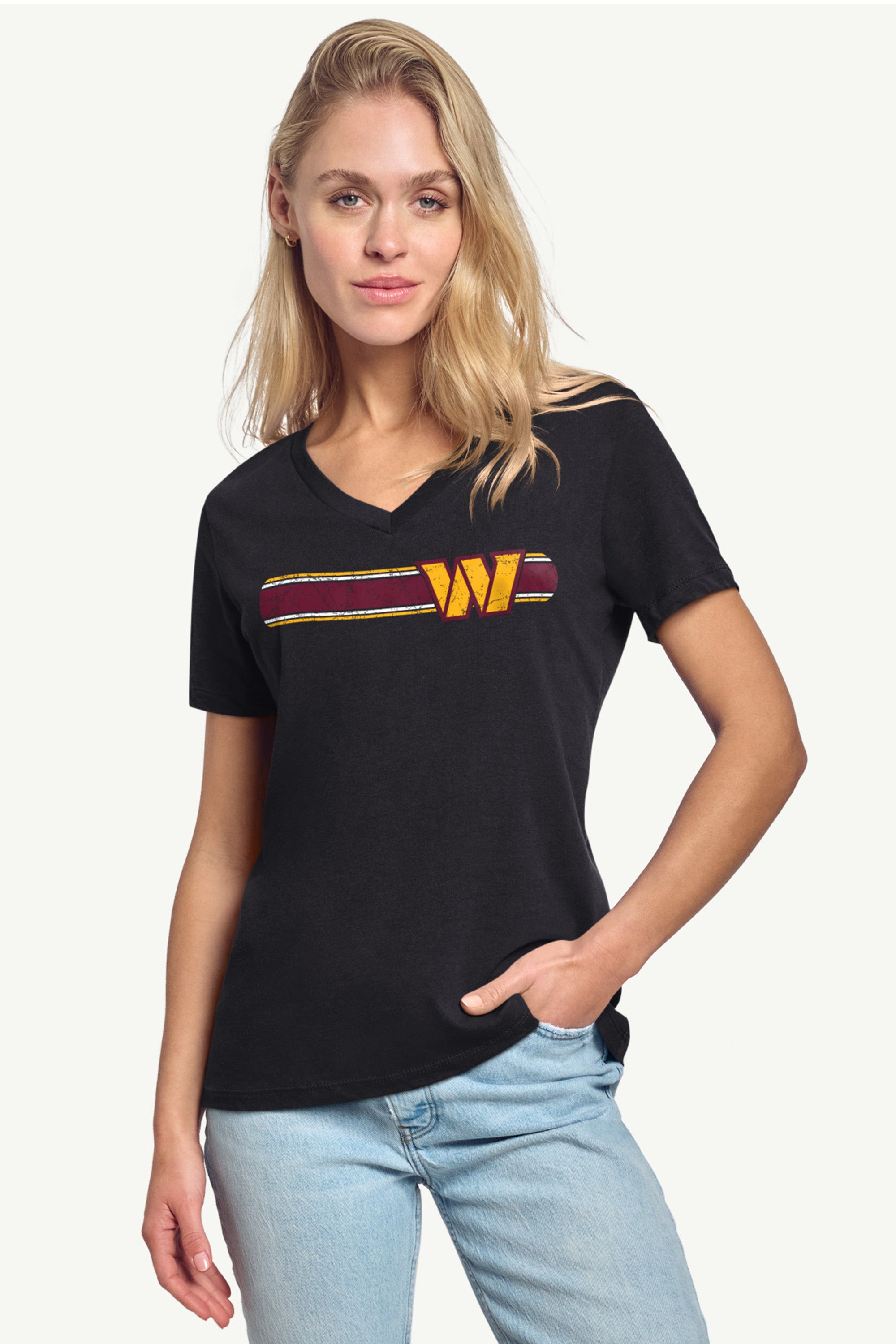 WOMENS WASHINGTON COMMANDERS STRIPE V-NECK T SHIRT View 2 | Washington Commanders