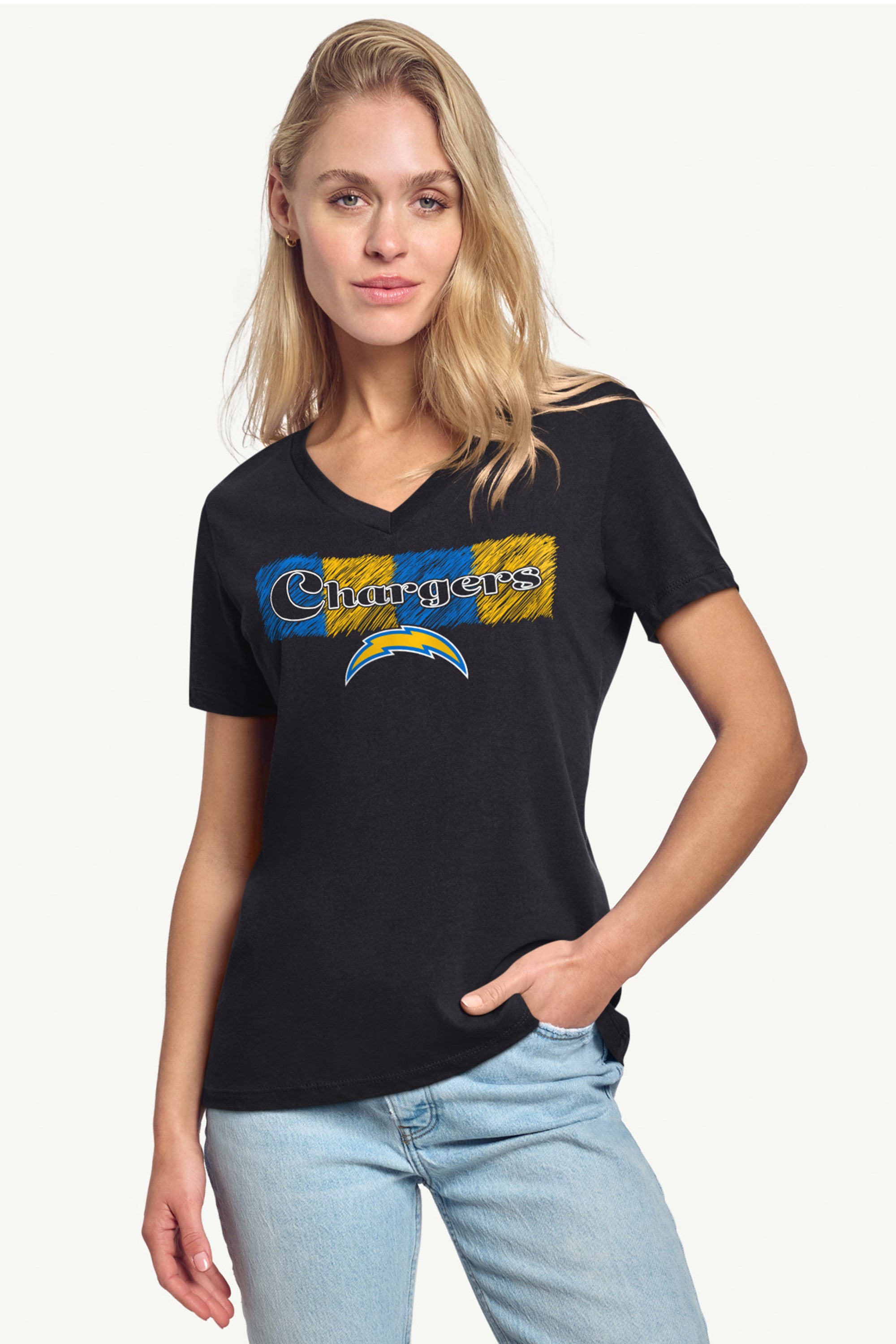 WOMENS LOS ANGELES CHARGERS COLOR SHADDING V-NECK T SHIRT View 2 | Los Angeles Chargers
