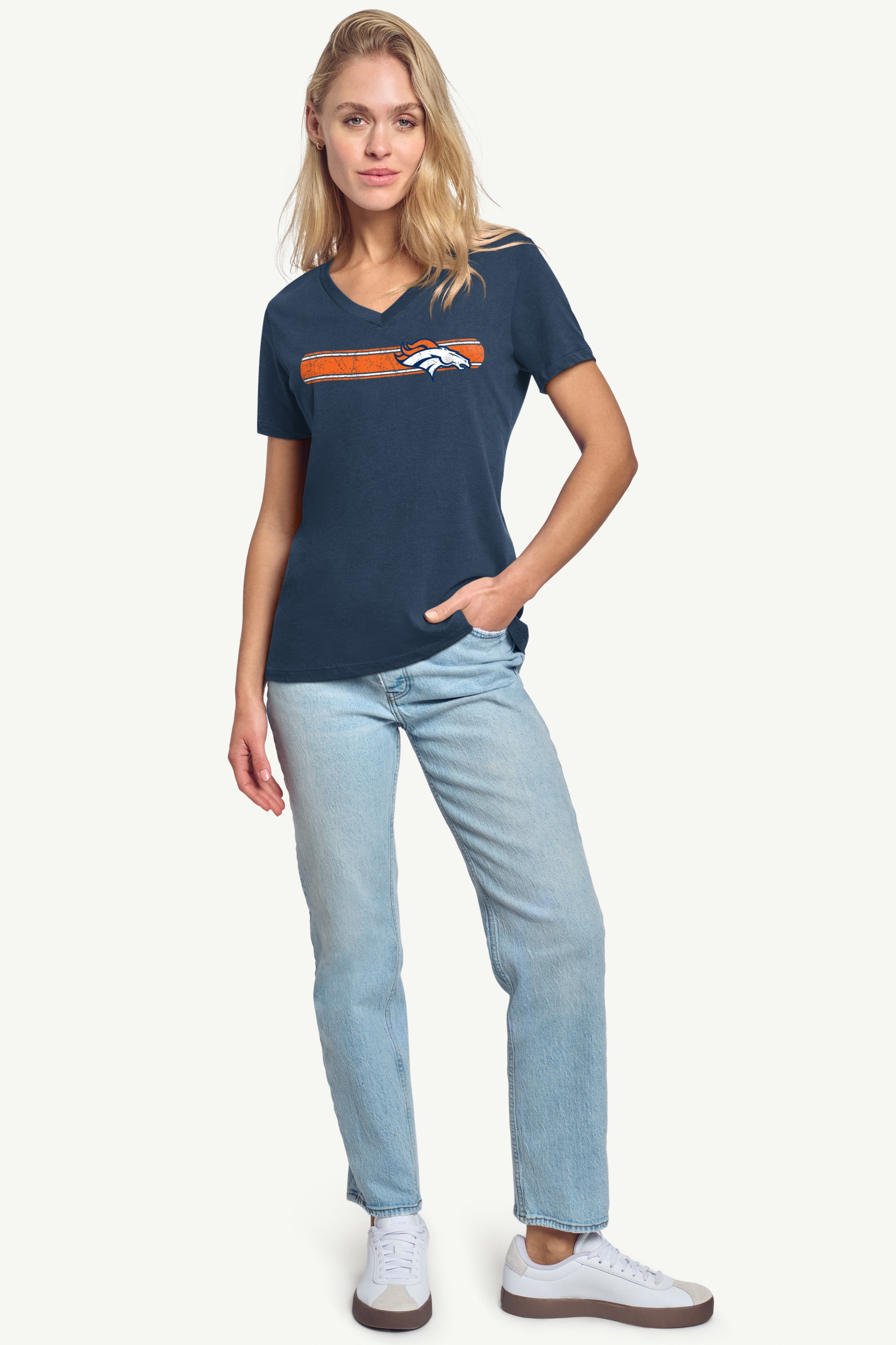 WOMENS DENVER BRONCOS STRIPE V-NECK T SHIRT View 3 | NFL