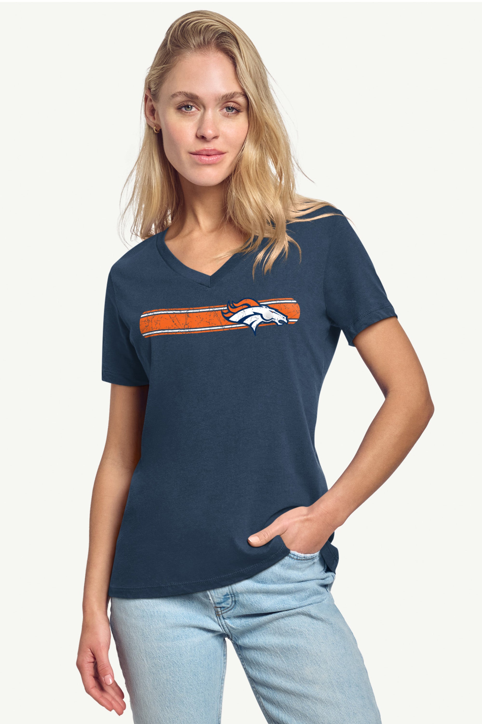 WOMENS DENVER BRONCOS STRIPE V-NECK T SHIRT View 2 | NFL WOMENS DENVER BRONCOS STRIPE V-NECK T SHIRT View 2 | NFL