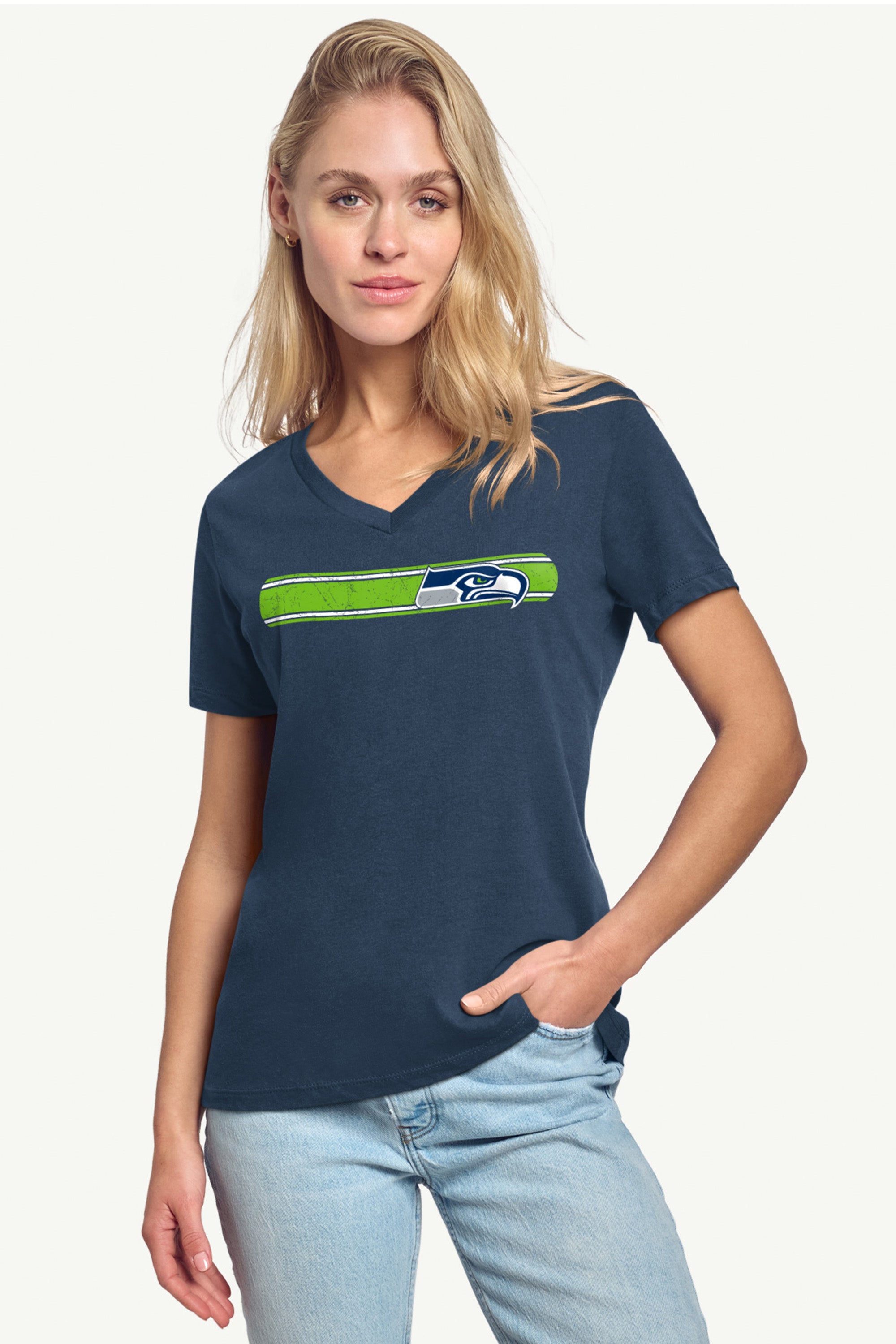 WOMENS SEATTLE SEAHAWKS STRIPE V-NECK T SHIRT View 2 | NFL WOMENS SEATTLE SEAHAWKS STRIPE V-NECK T SHIRT View 2 | NFL