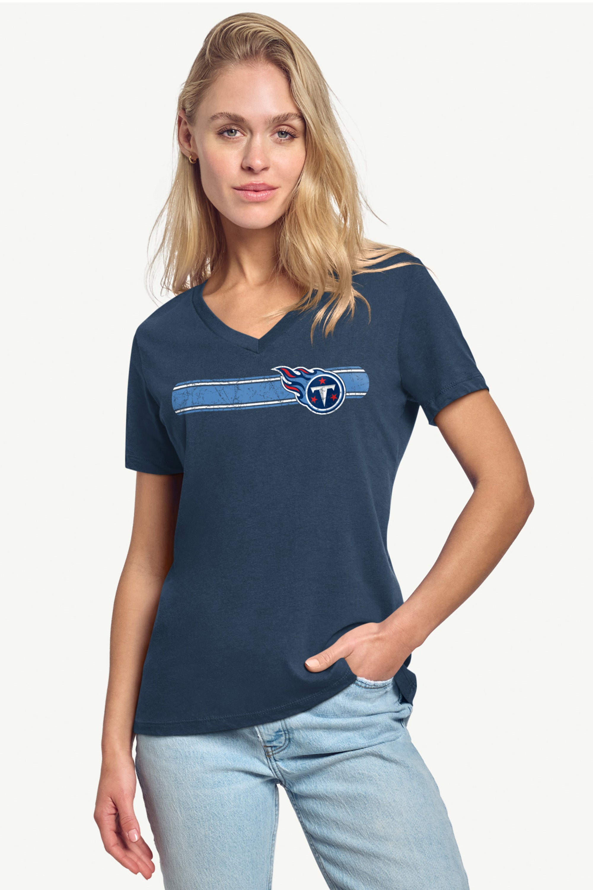WOMENS TENNESSEE TITANS STRIPE V-NECK T SHIRT View 2 | NFL WOMENS TENNESSEE TITANS STRIPE V-NECK T SHIRT View 2 | NFL
