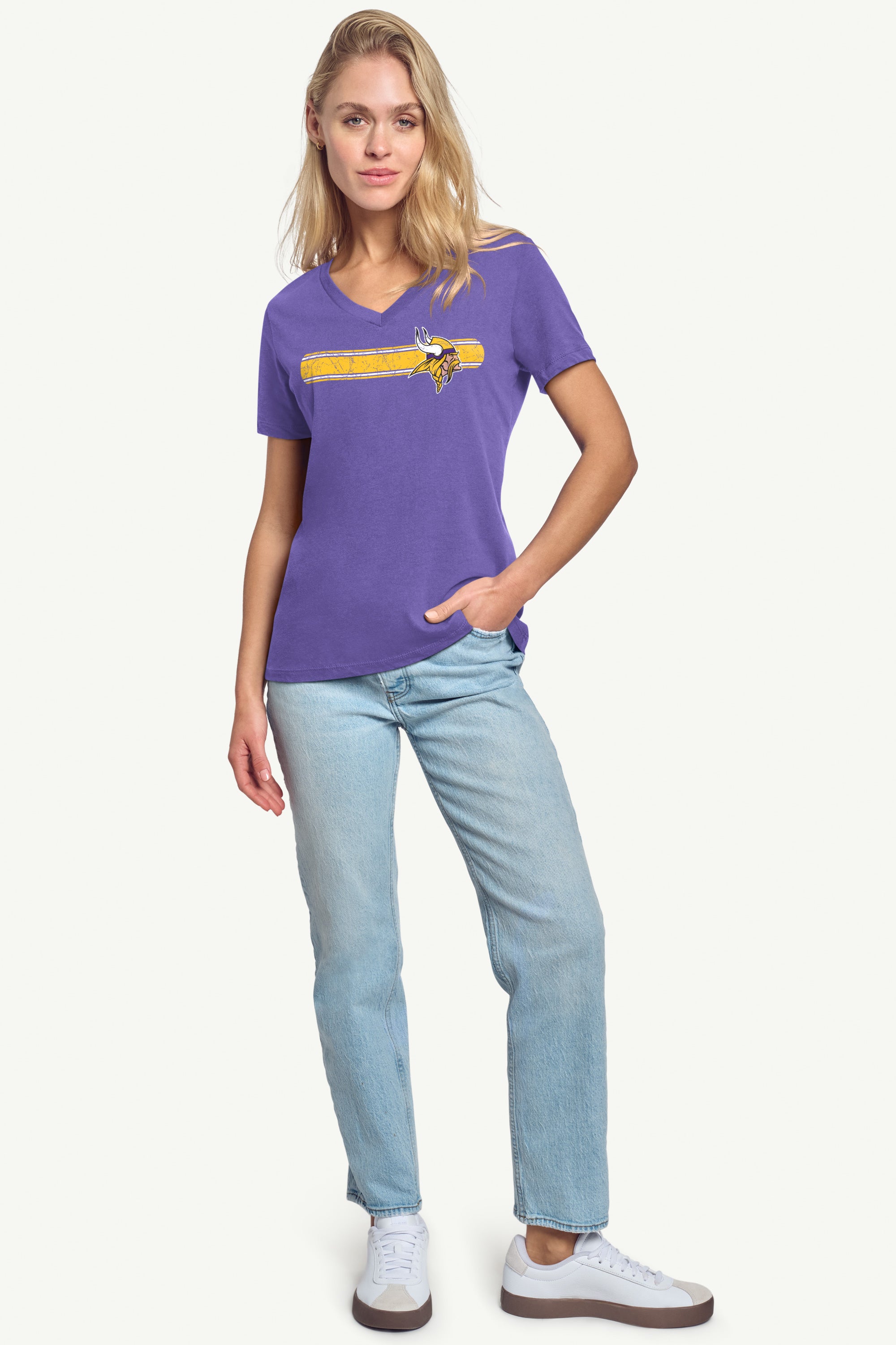 WOMENS MINNESOTA VIKINGS STRIPE V-NECK T SHIRT View 3 | NFL