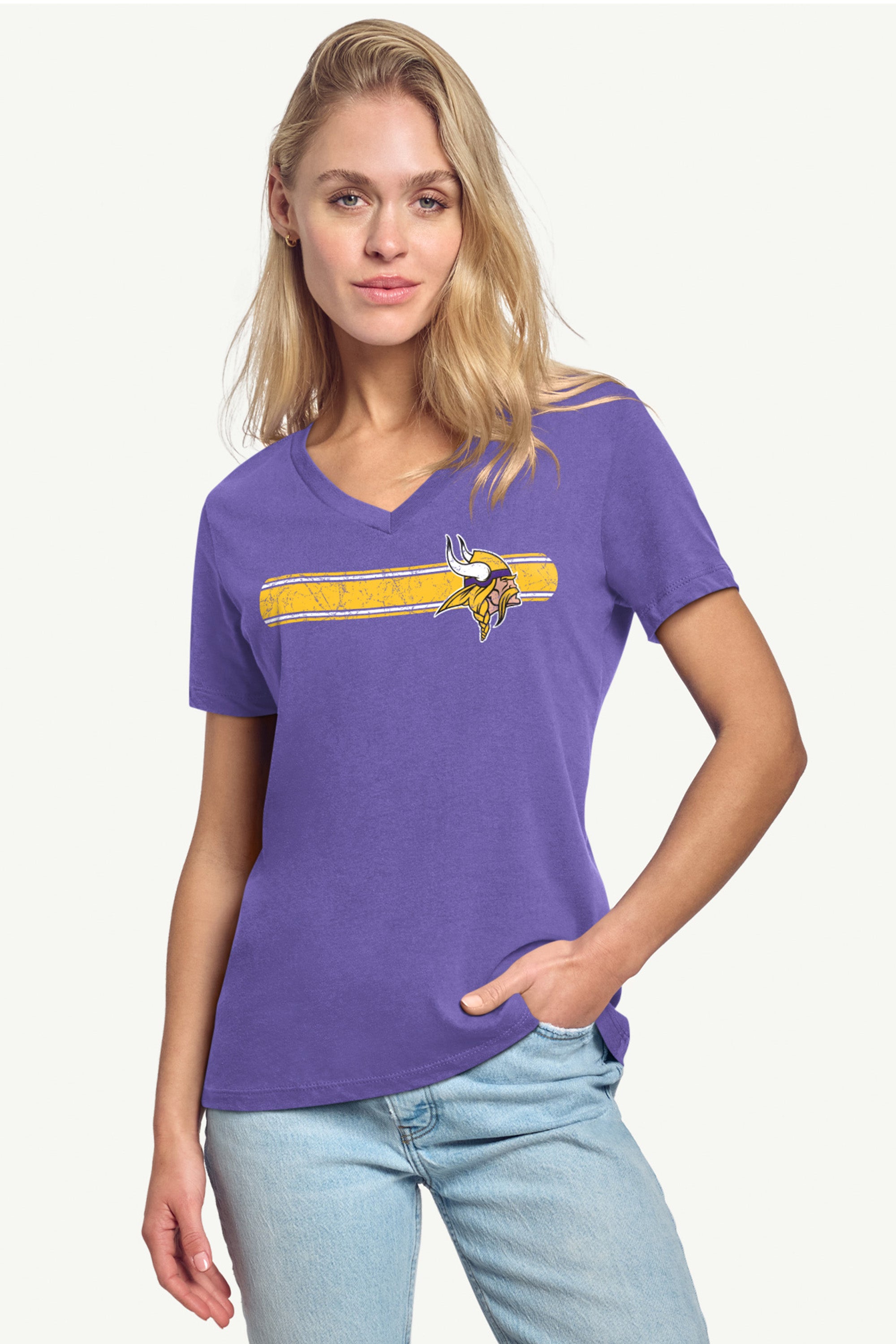 WOMENS MINNESOTA VIKINGS STRIPE V-NECK T SHIRT View 2 | NFL
