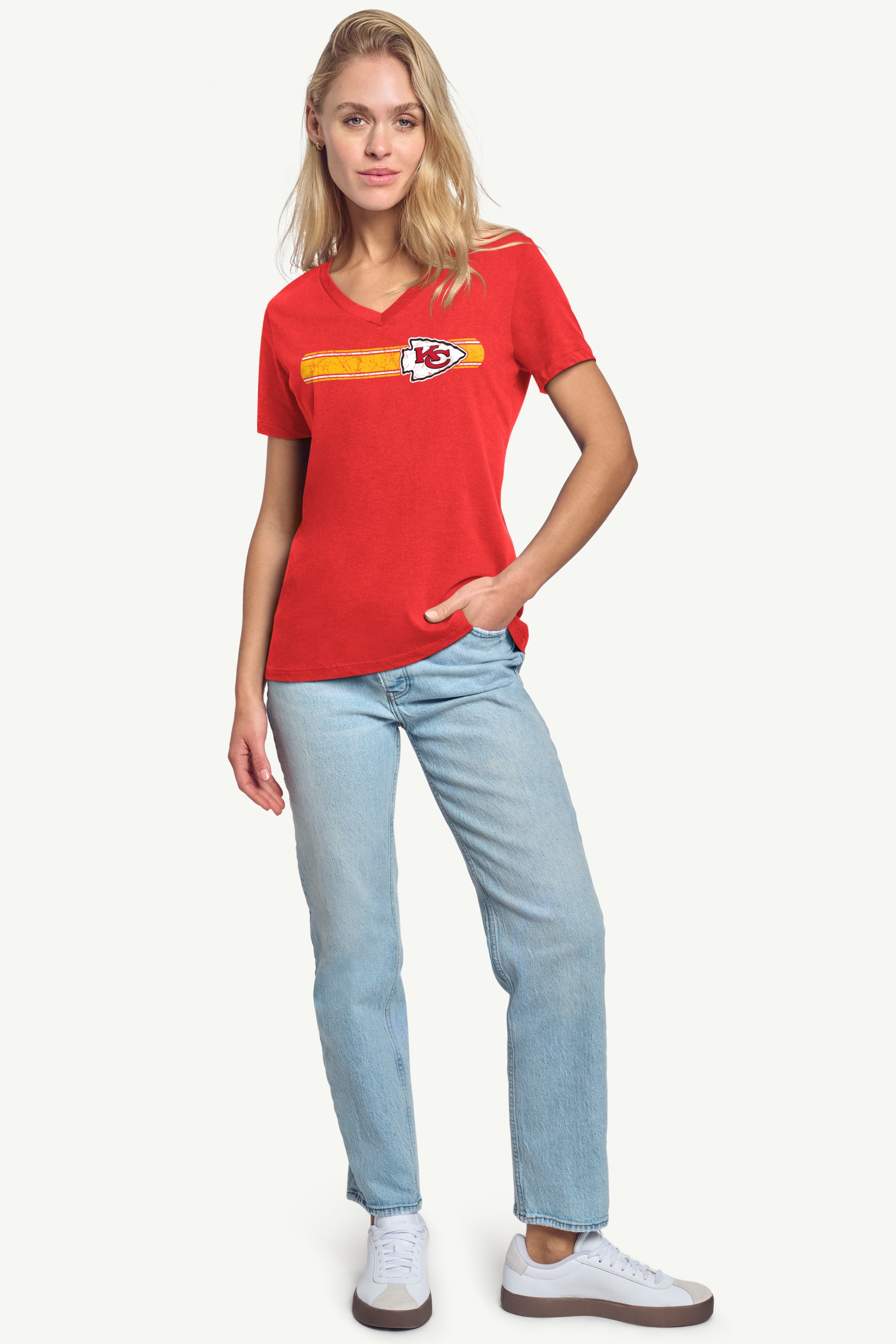 WOMENS KANSAS CITY CHIEFS STRIPE V-NECK T SHIRT View 3 | NFL