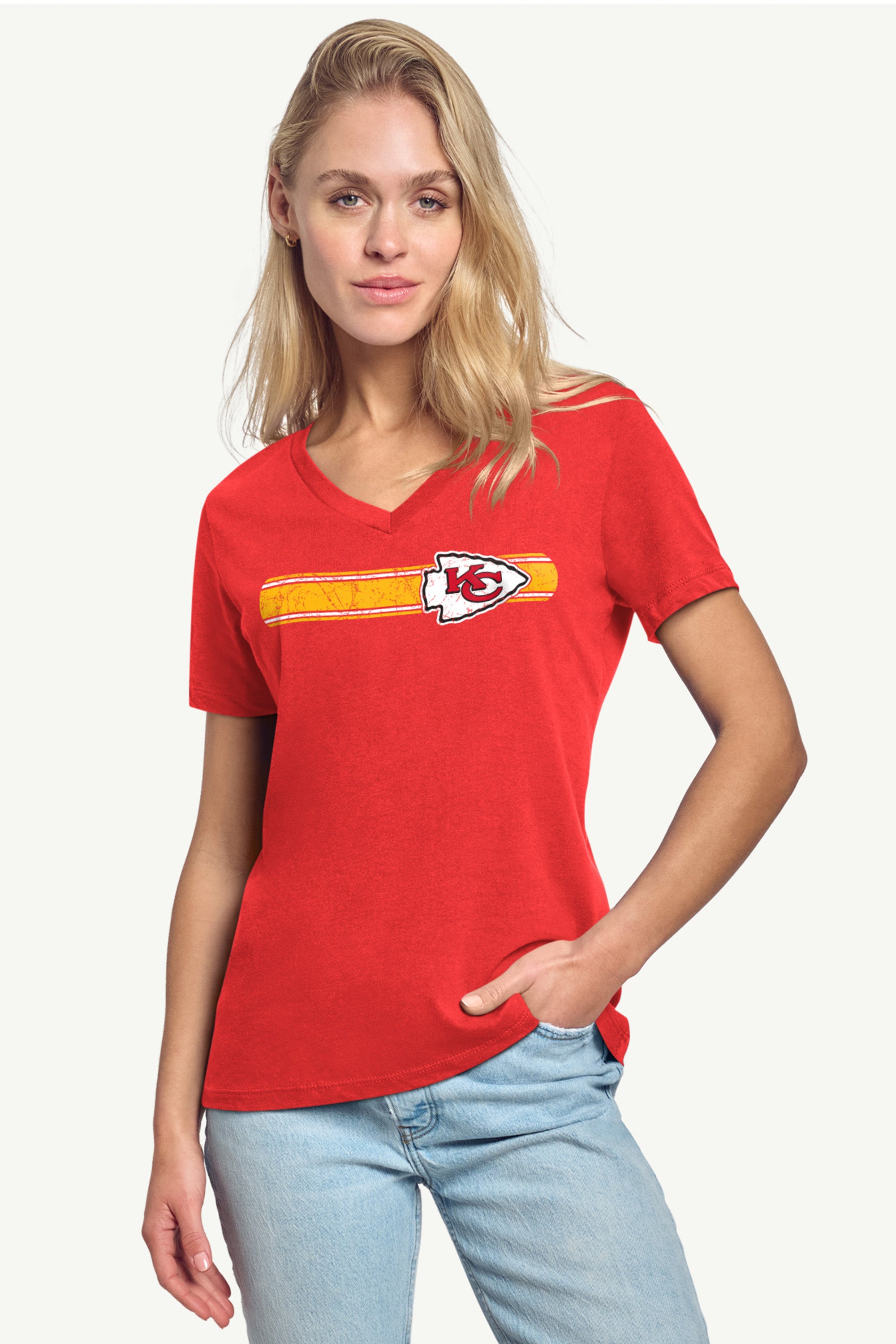 WOMENS KANSAS CITY CHIEFS STRIPE V-NECK T SHIRT View 2 | NFL WOMENS KANSAS CITY CHIEFS STRIPE V-NECK T SHIRT View 2 | NFL