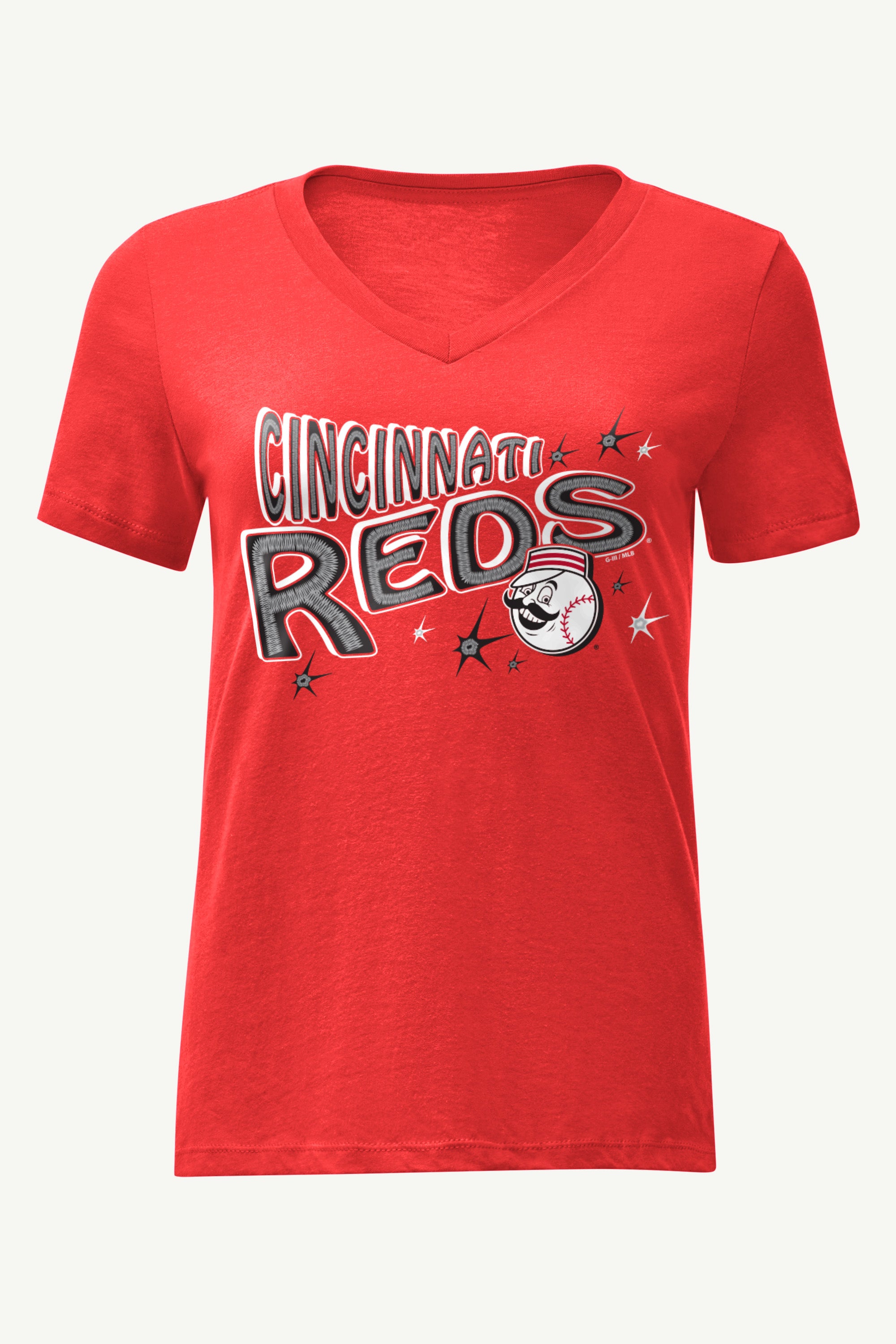 WOMENS CINCINNATI REDS FIREWORKS V NECK T SHIRT View 1 | Cincinnati Reds