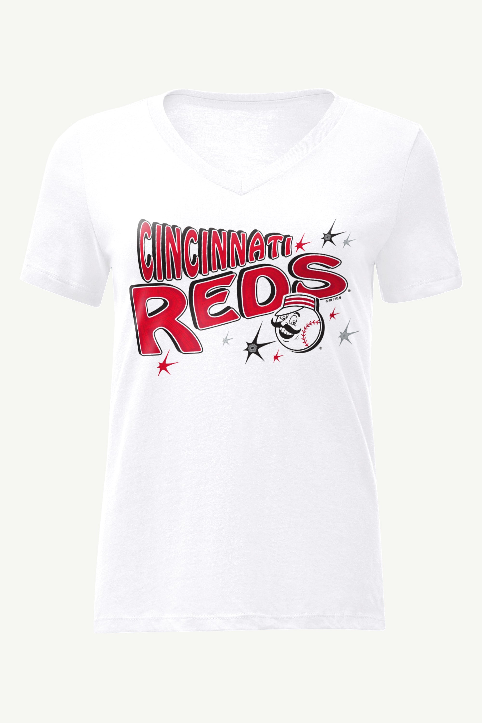 WOMENS CINCINNATI REDS FIREWORKS V NECK T SHIRT View 1 | Cincinnati Reds