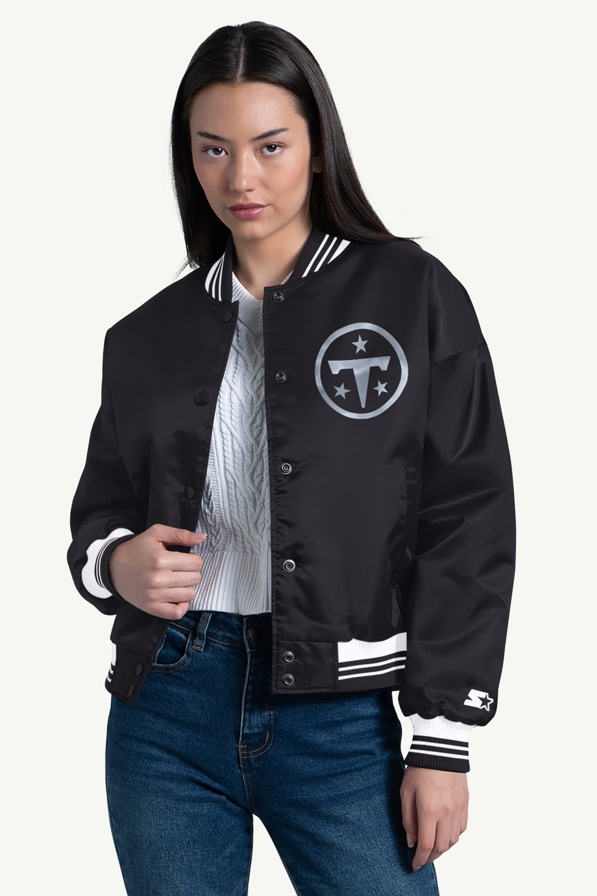 WOMENS  TENNESSEE TITANS SCRIPT SATIN VARSITY JACKET View 1