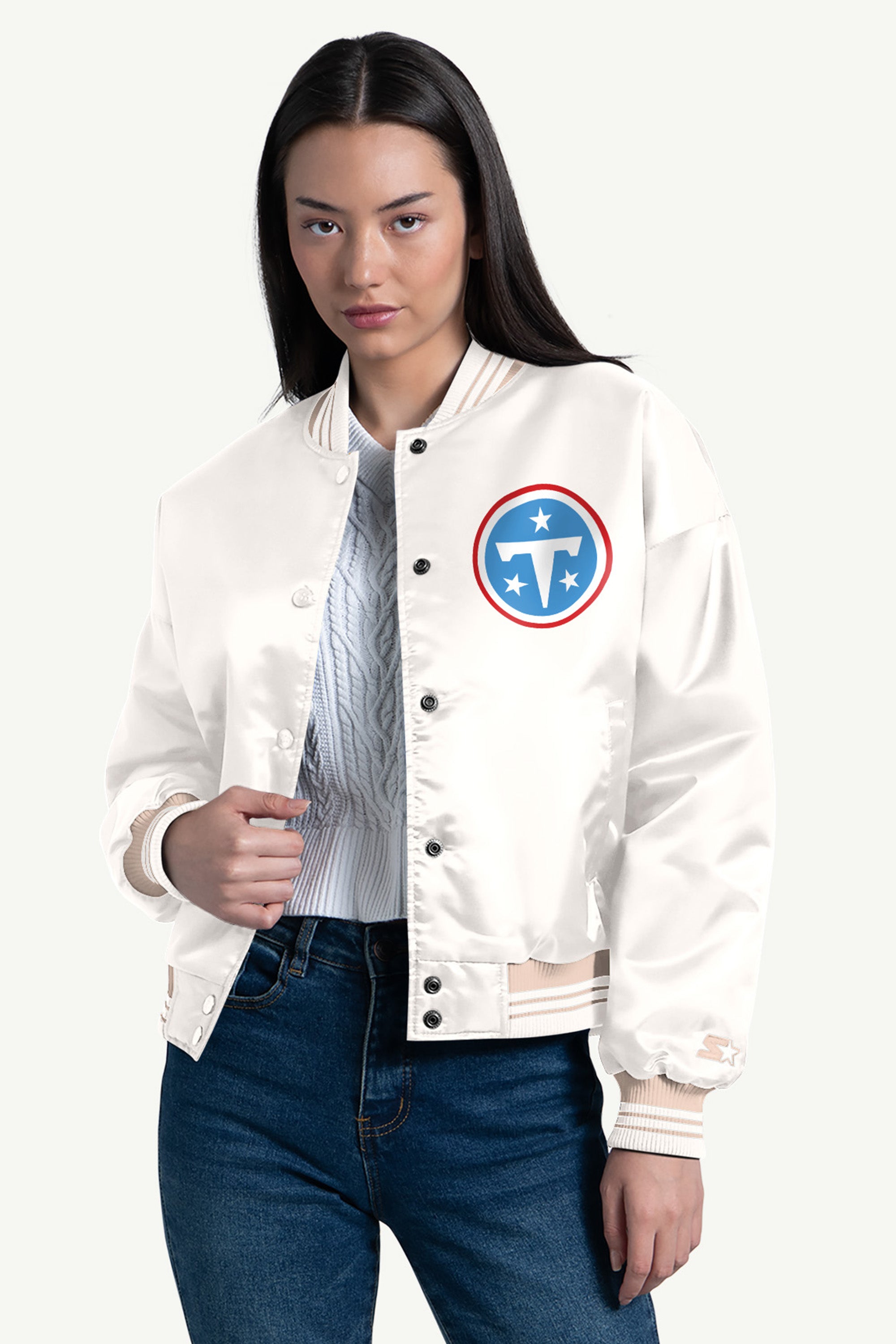 WOMENS TENNESSEE TITANS SCRIPT SATIN VARSITY JACKET View 1 | Tennessee Titans