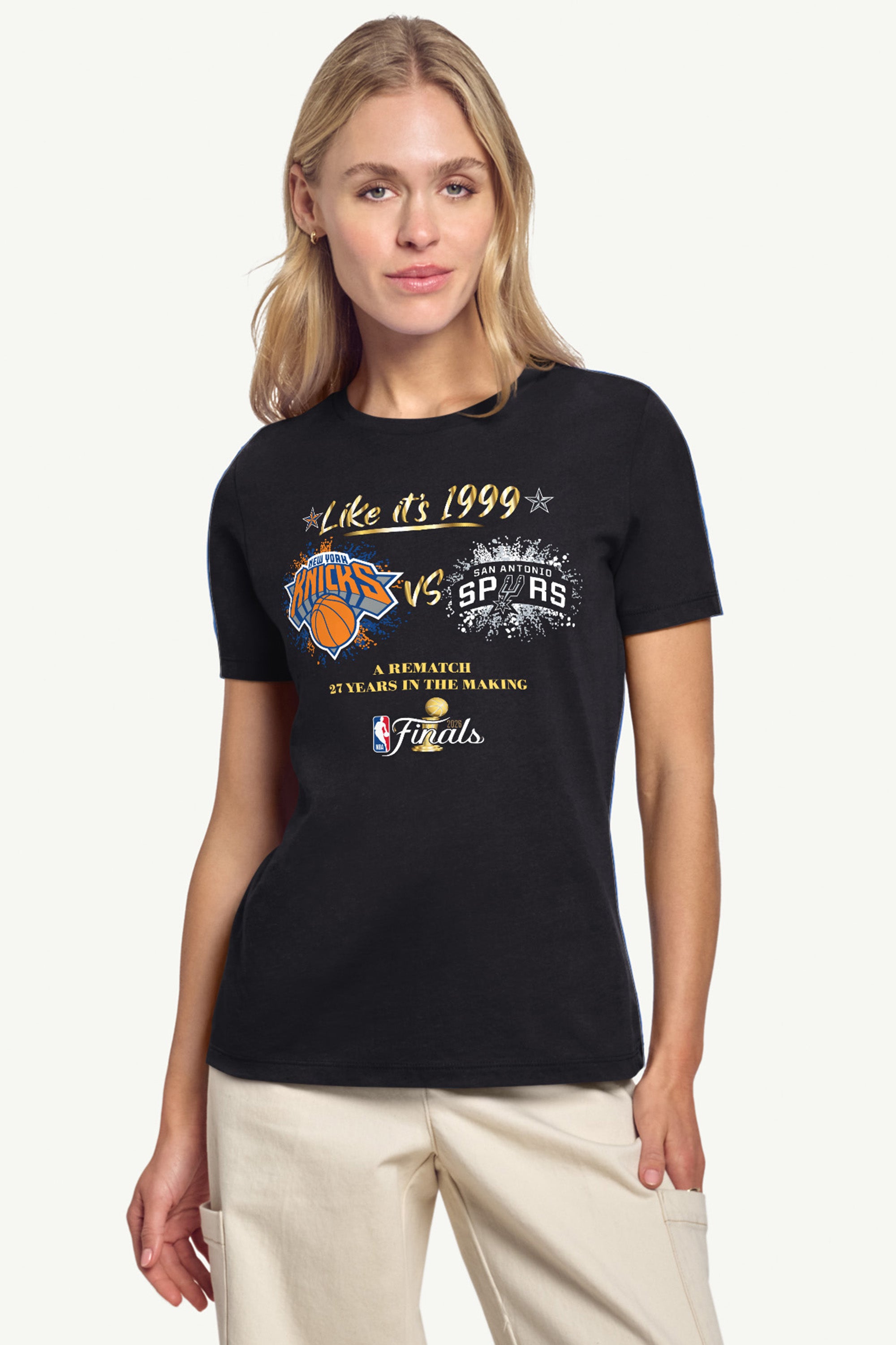WOMENS NEW YORK KNICKS VS SAN ANTONIO SPURS 2026 NBA FINALS T SHIRT View 1