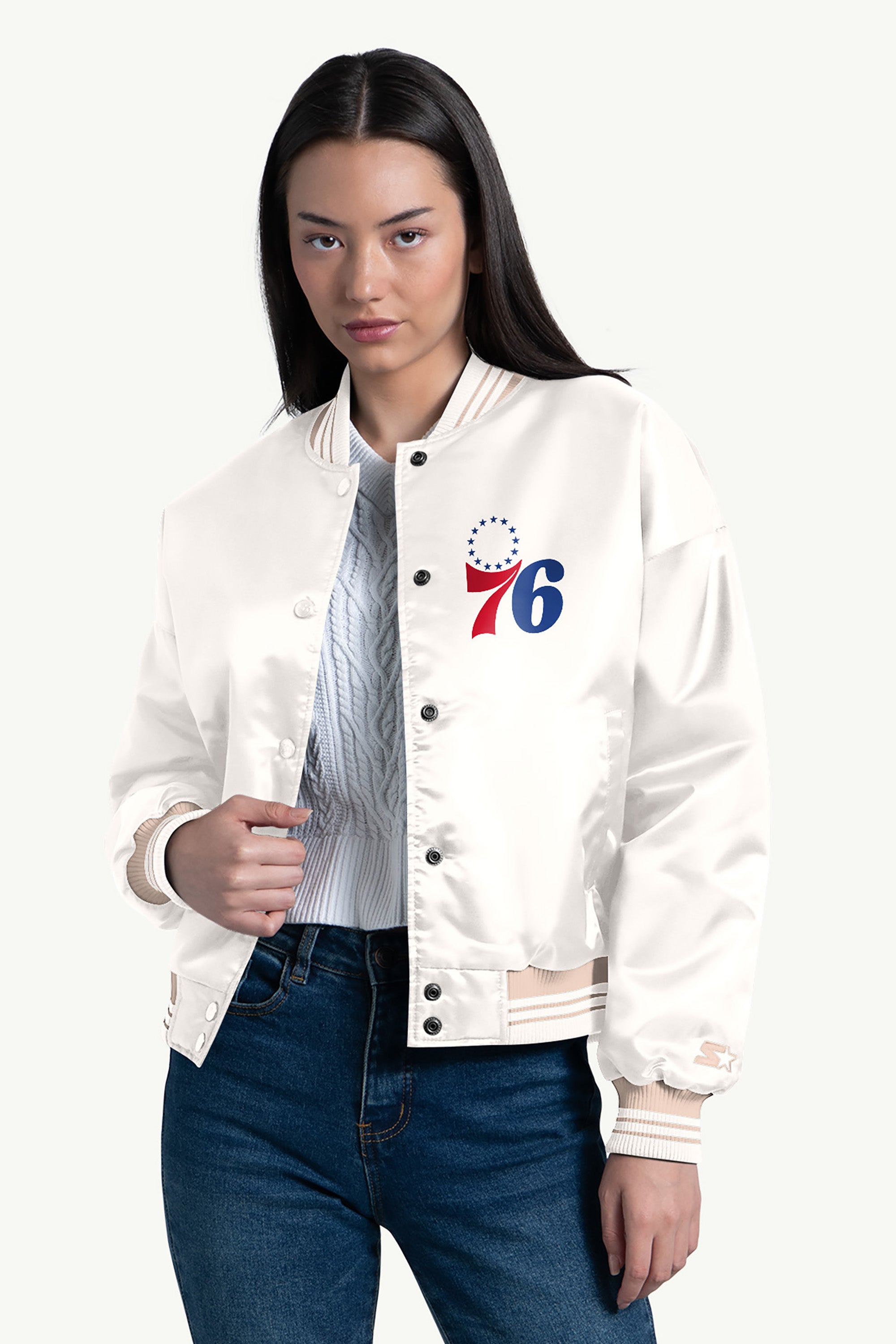 WOMENS PHILADELPHIA 76ERS SATIN VARSITY JACKET View 1