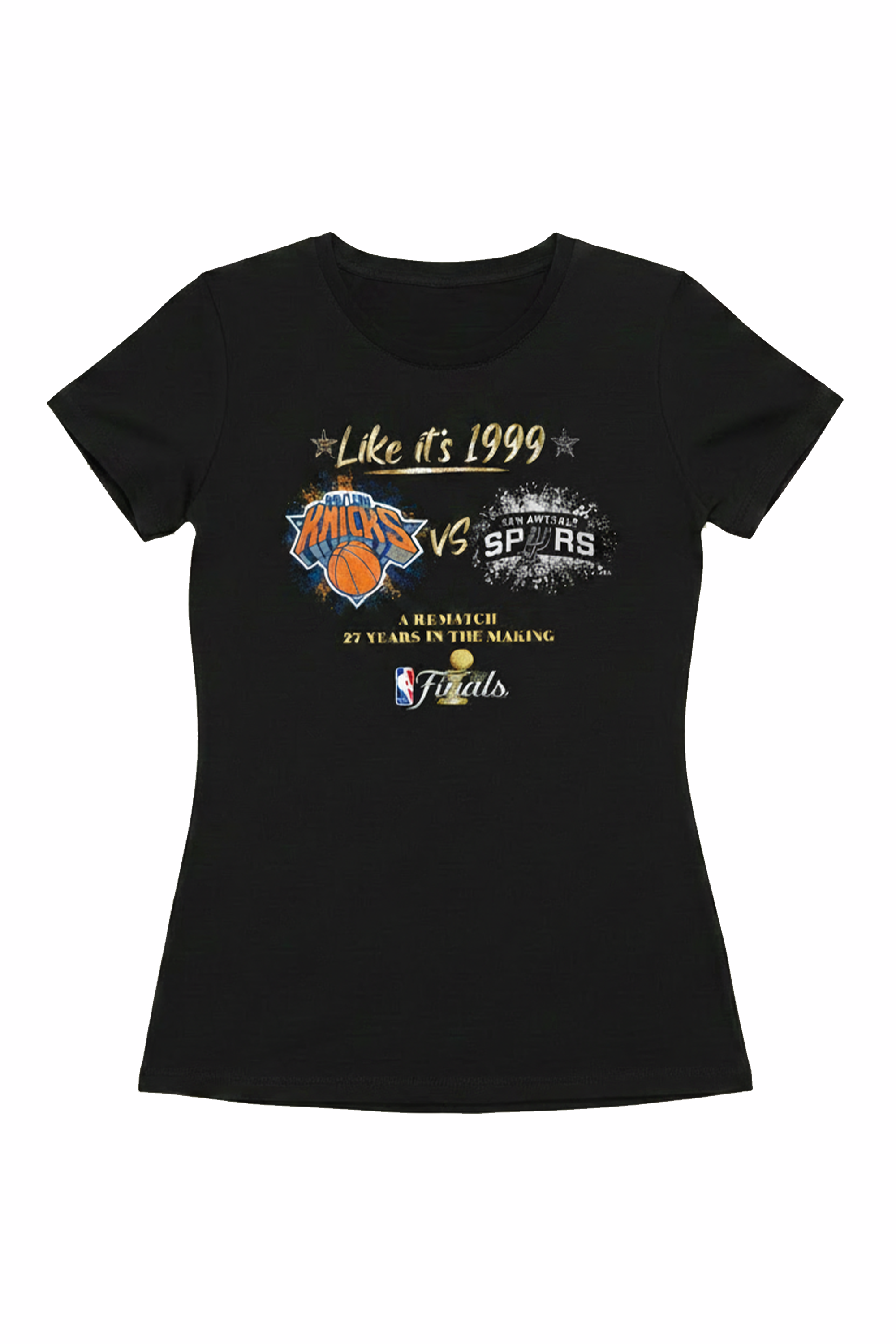 WOMENS NEW YORK KNICKS VS SAN ANTONIO SPURS 2026 NBA FINALS T SHIRT View 1 | NBA WOMENS NEW YORK KNICKS VS SAN ANTONIO SPURS 2026 NBA FINALS T SHIRT View 1 | NBA